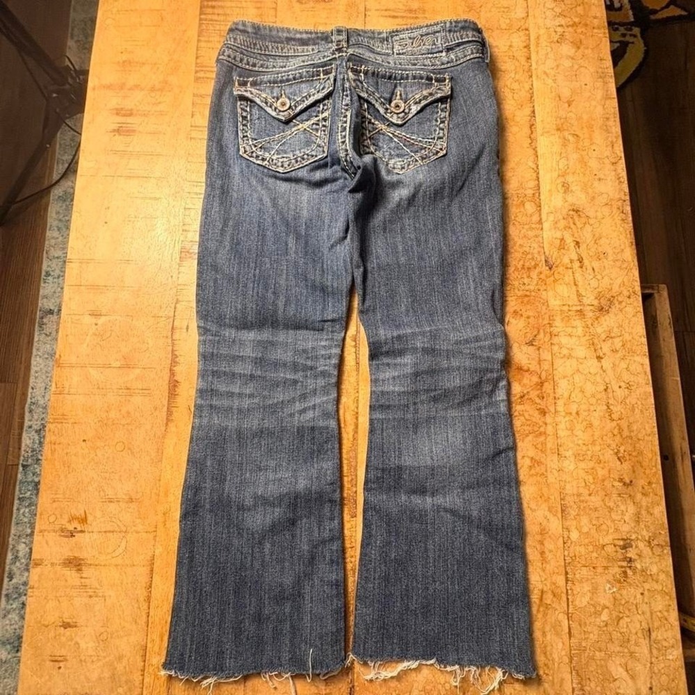 Y2K distressed Pioneer blue bootcut capris with frayed hem  0195